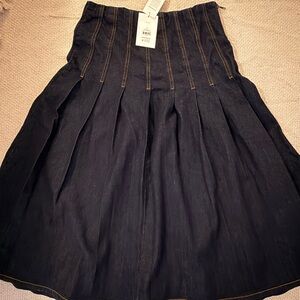 Denim Pleated A-Line Skirt with Contrast Topstitching